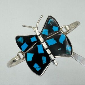 Vintage Mexico Silver Butterfly Bracelet Blue Turquoise Inlay Boho Southwestern